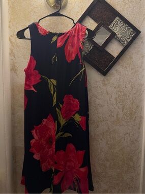 Anne Klein Black Midi Dress with Red Floral Print